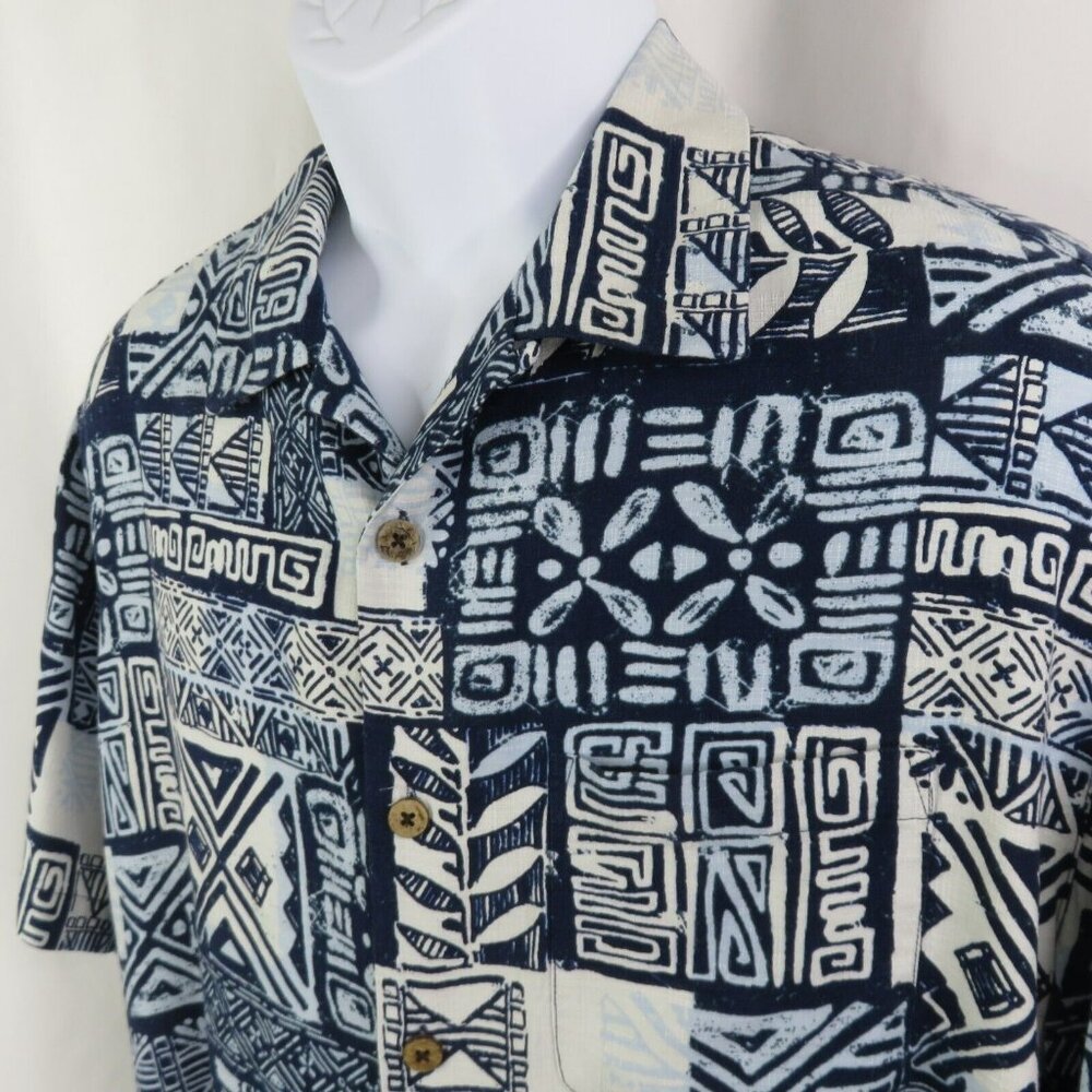 Caribbean Hawaiian Aloha Shirt Mens L Blue White Slub Silk Tapa